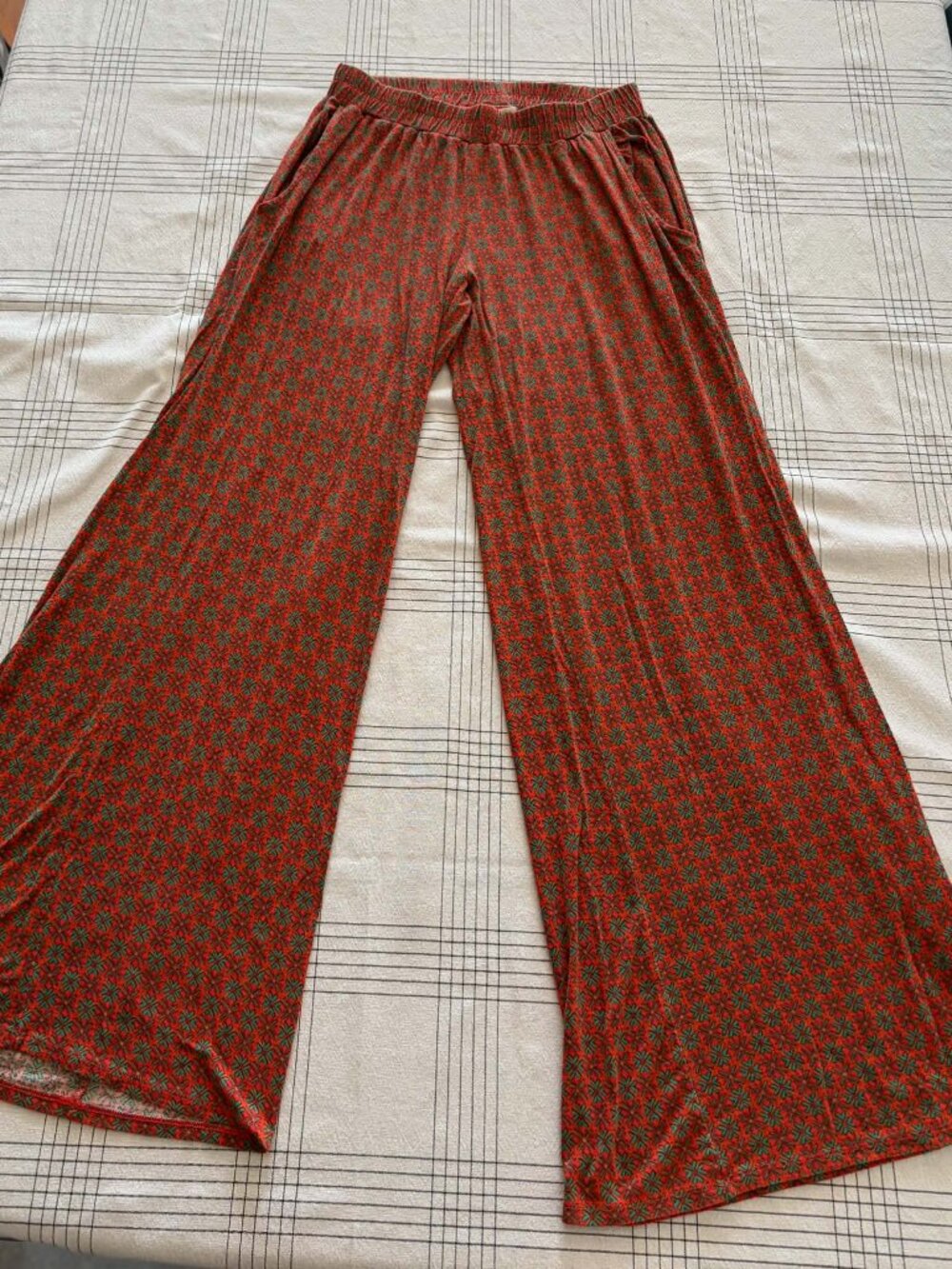 Natural Life Wide Leg Palazzo Pants Orange Teal Mosaic Print Boho Pocket Large L